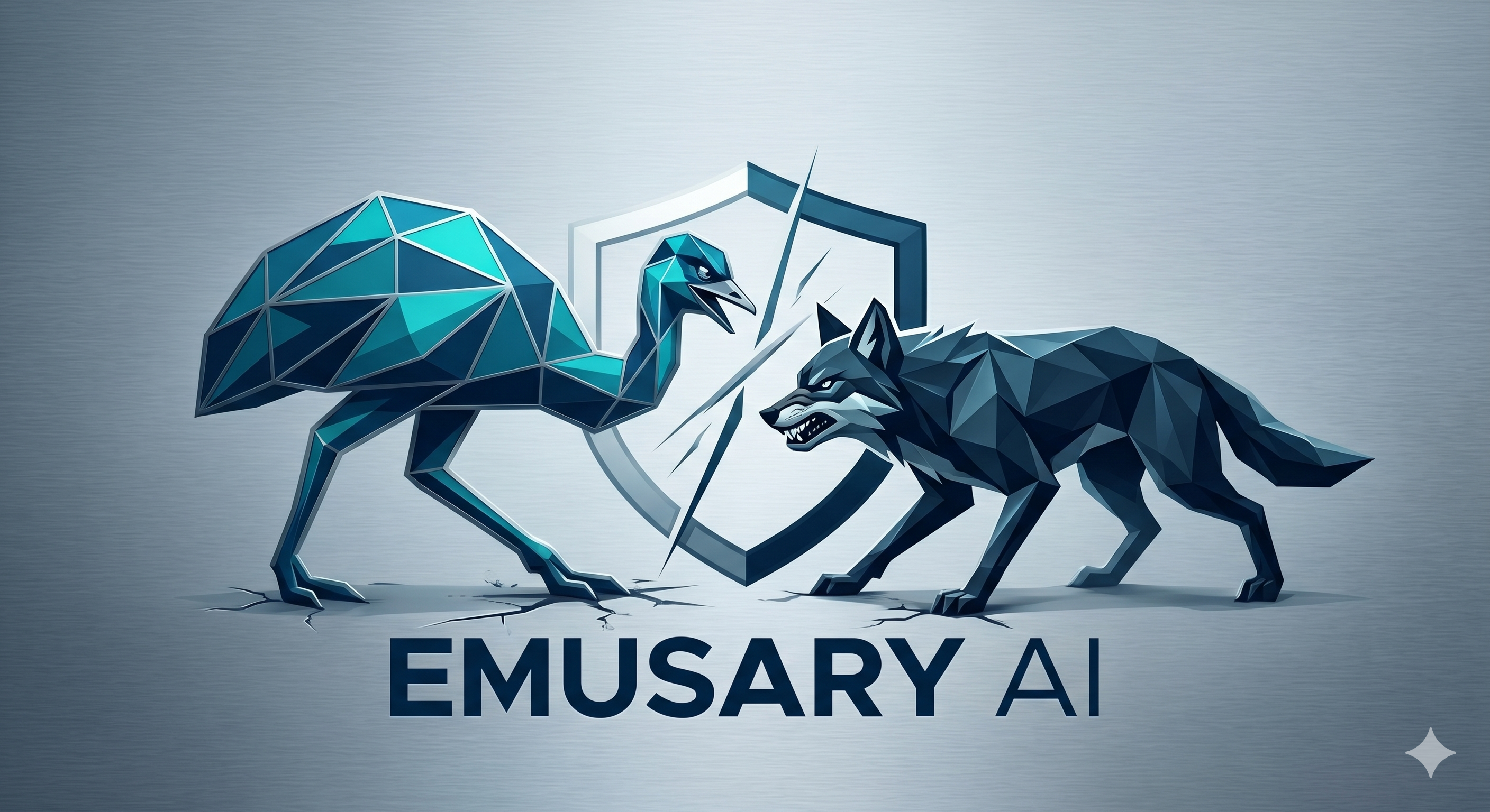 Emusary AI emu holding a shield against a wolf.